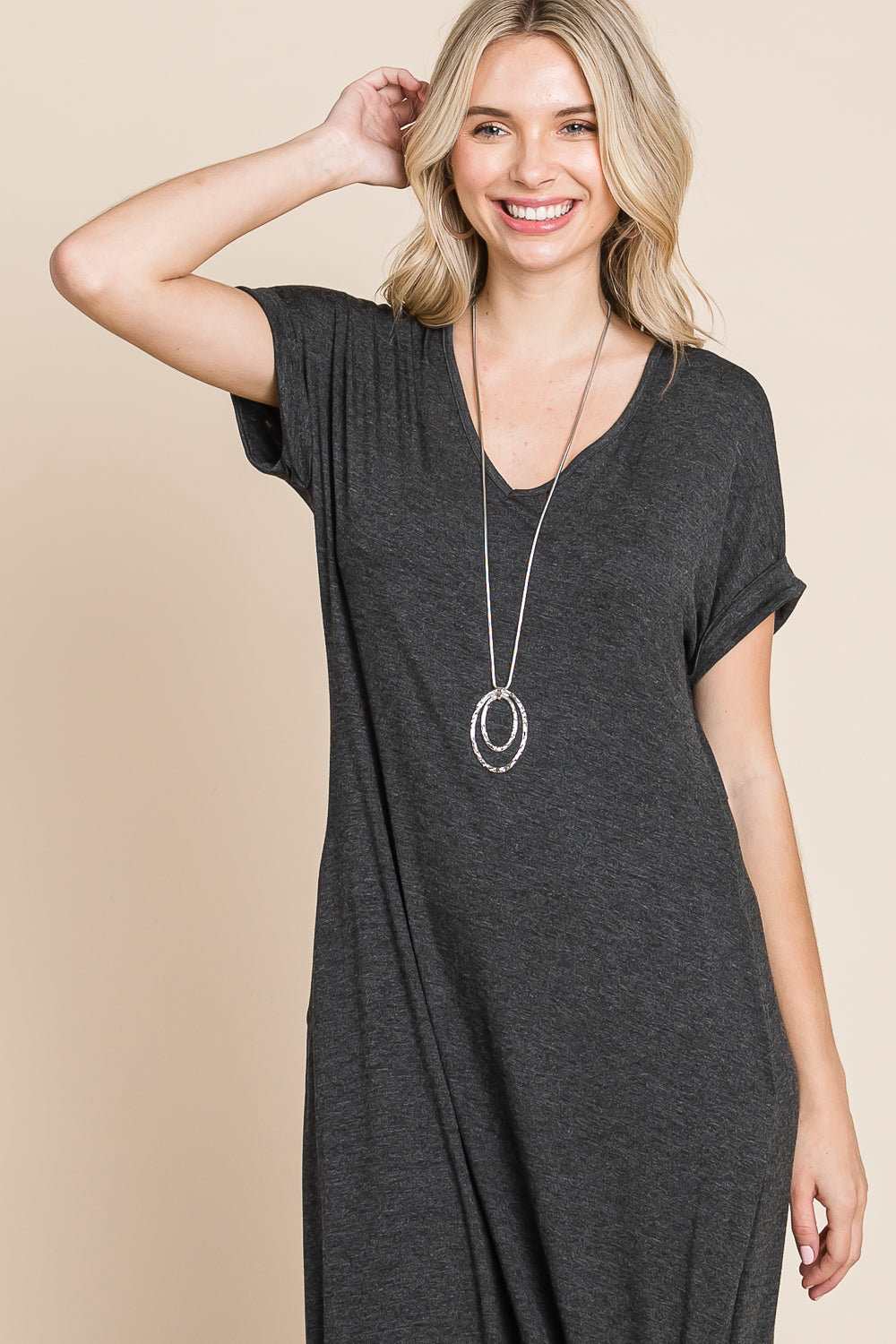 V neck dolman short sleeve pocket maxi dress lose fit charcoal