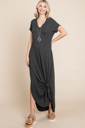 V neck dolman short sleeve pocket maxi dress lose fit charcoal