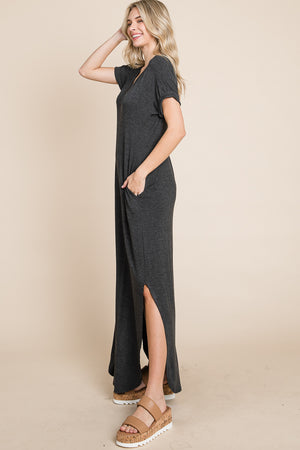 V neck dolman short sleeve pocket maxi dress lose fit charcoal