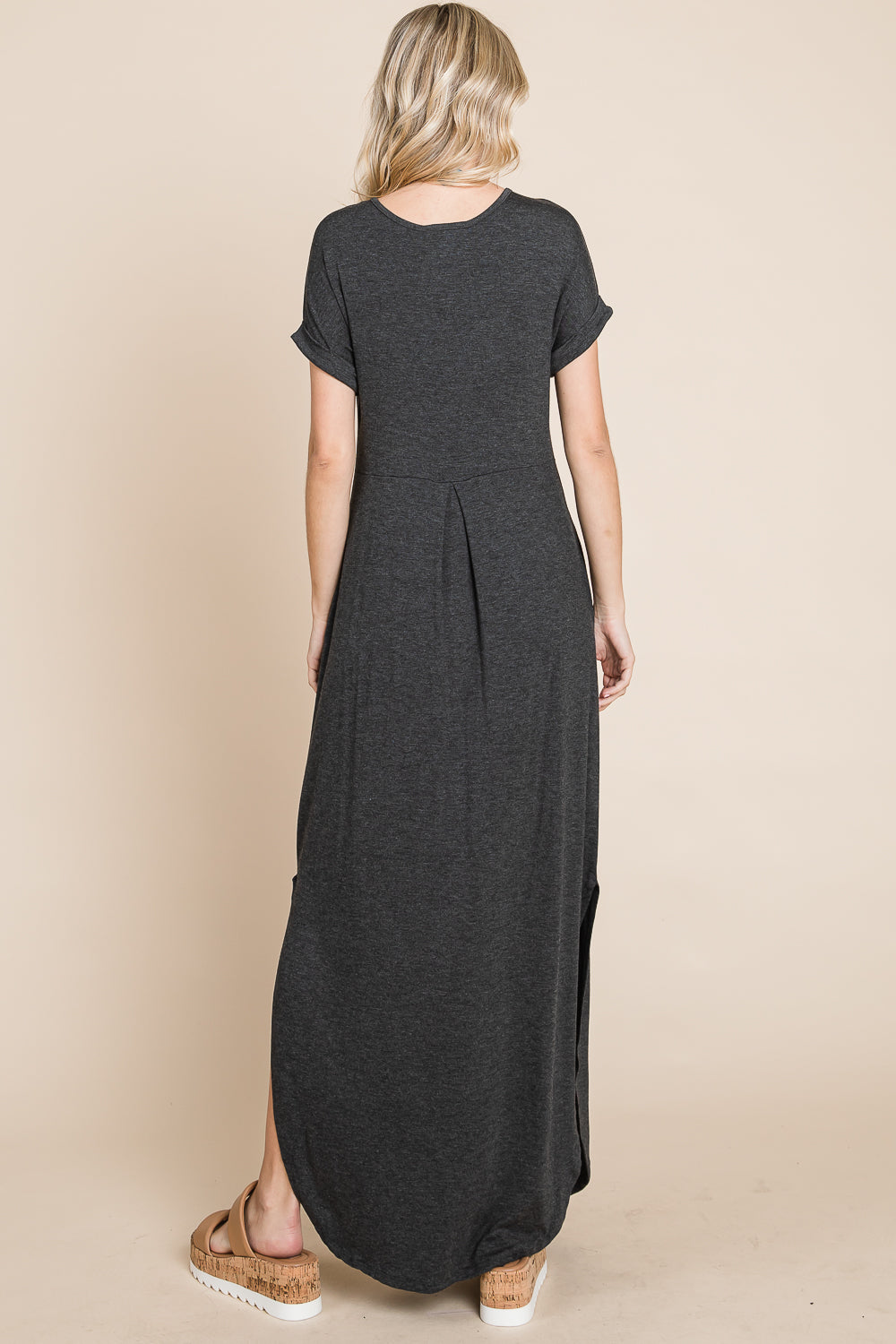 V neck dolman short sleeve pocket maxi dress lose fit charcoal