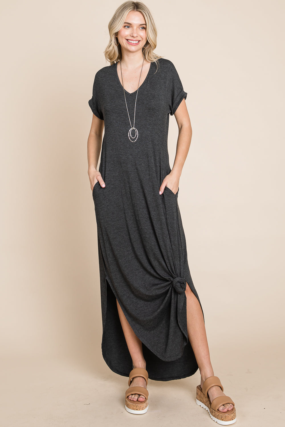 V neck dolman short sleeve pocket maxi dress lose fit charcoal