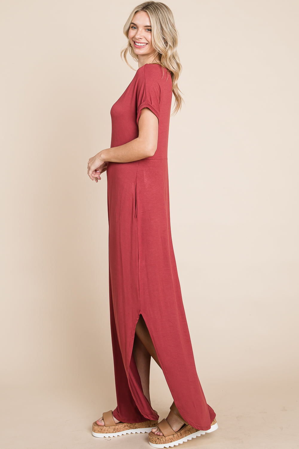 V neck dolman short sleeve pocket maxi dress lose fit terracota