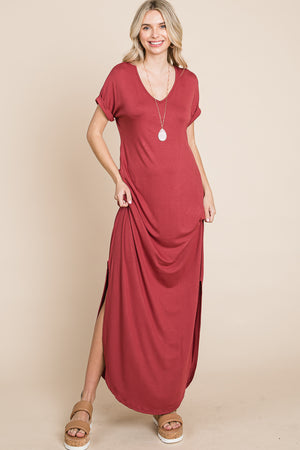 V neck dolman short sleeve pocket maxi dress lose fit terracota