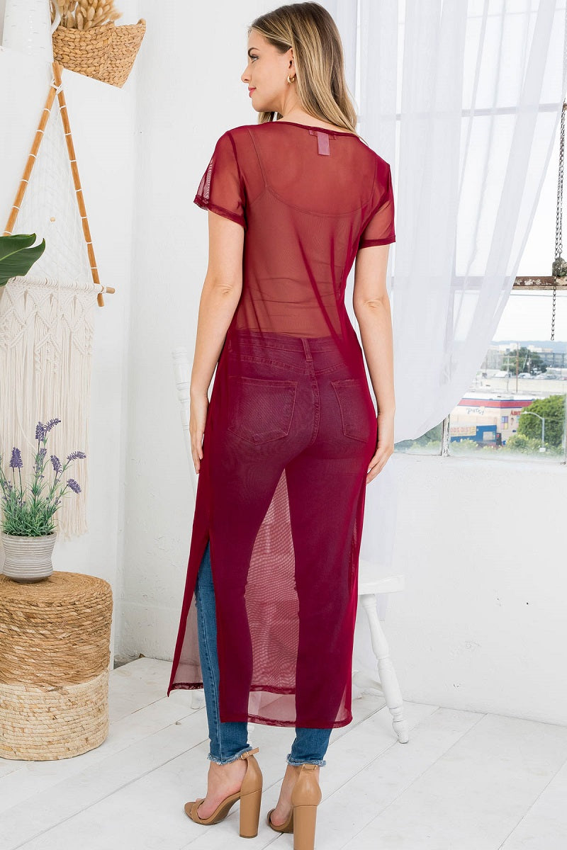 Mesh crew neck cover up burgundy dress