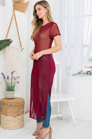 Mesh crew neck cover up burgundy dress