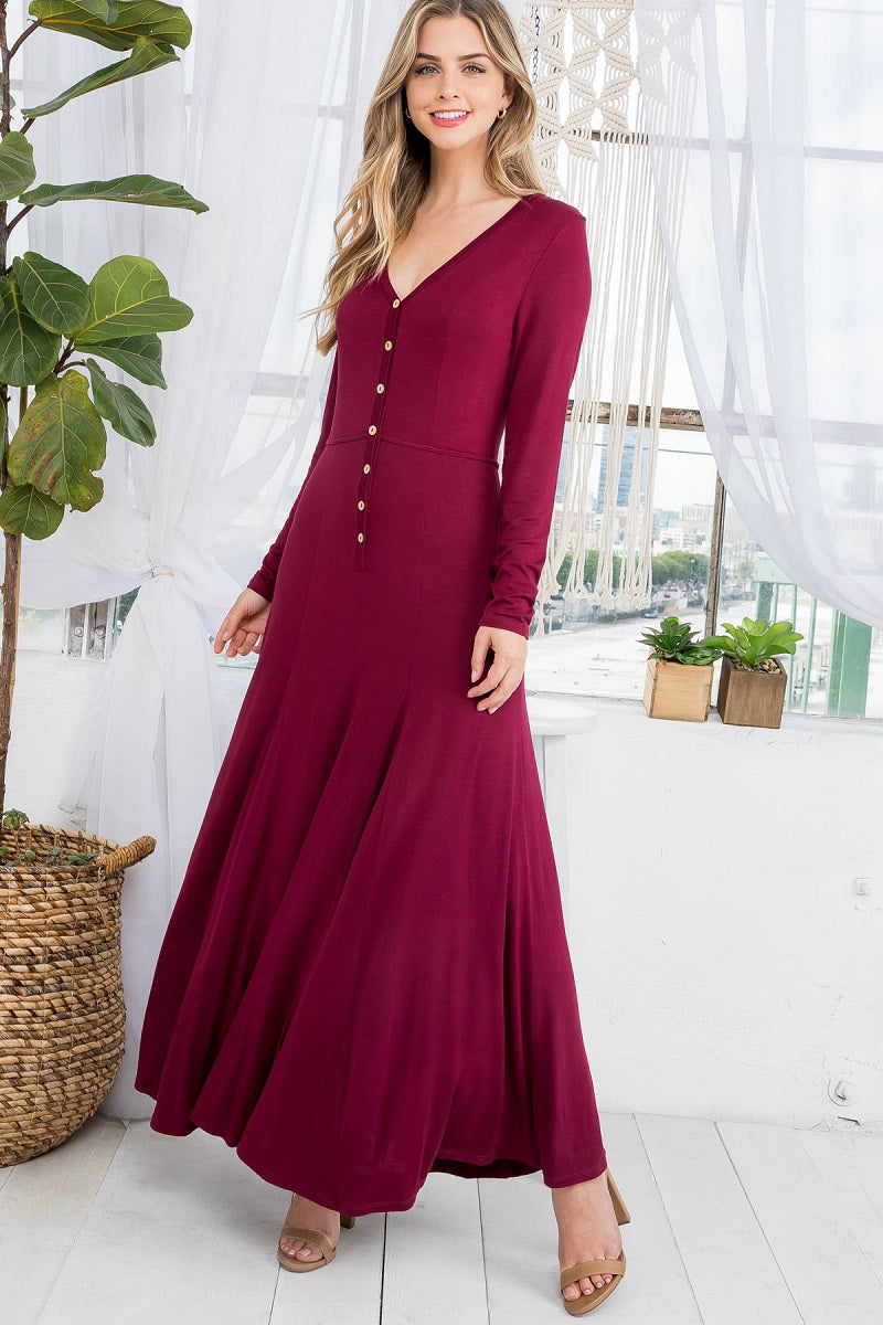 Long sleeve button front Maxi burgundy dress