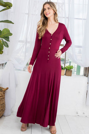 Long sleeve button front Maxi burgundy dress