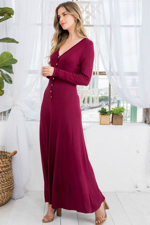 Long sleeve button front Maxi burgundy dress