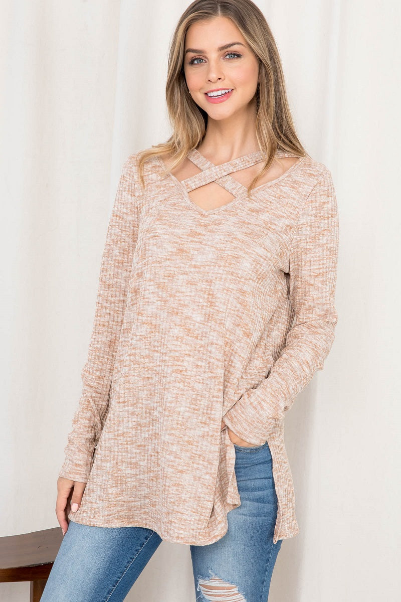 Long sleeve 2tone rib v neck tunic top