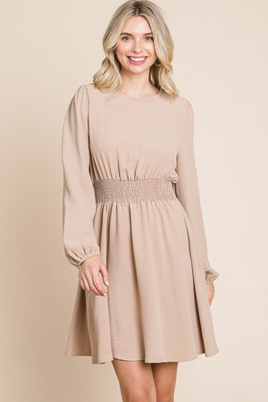 Long sleeve round neck smock waist dress