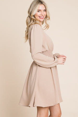 Long sleeve round neck smock waist dress