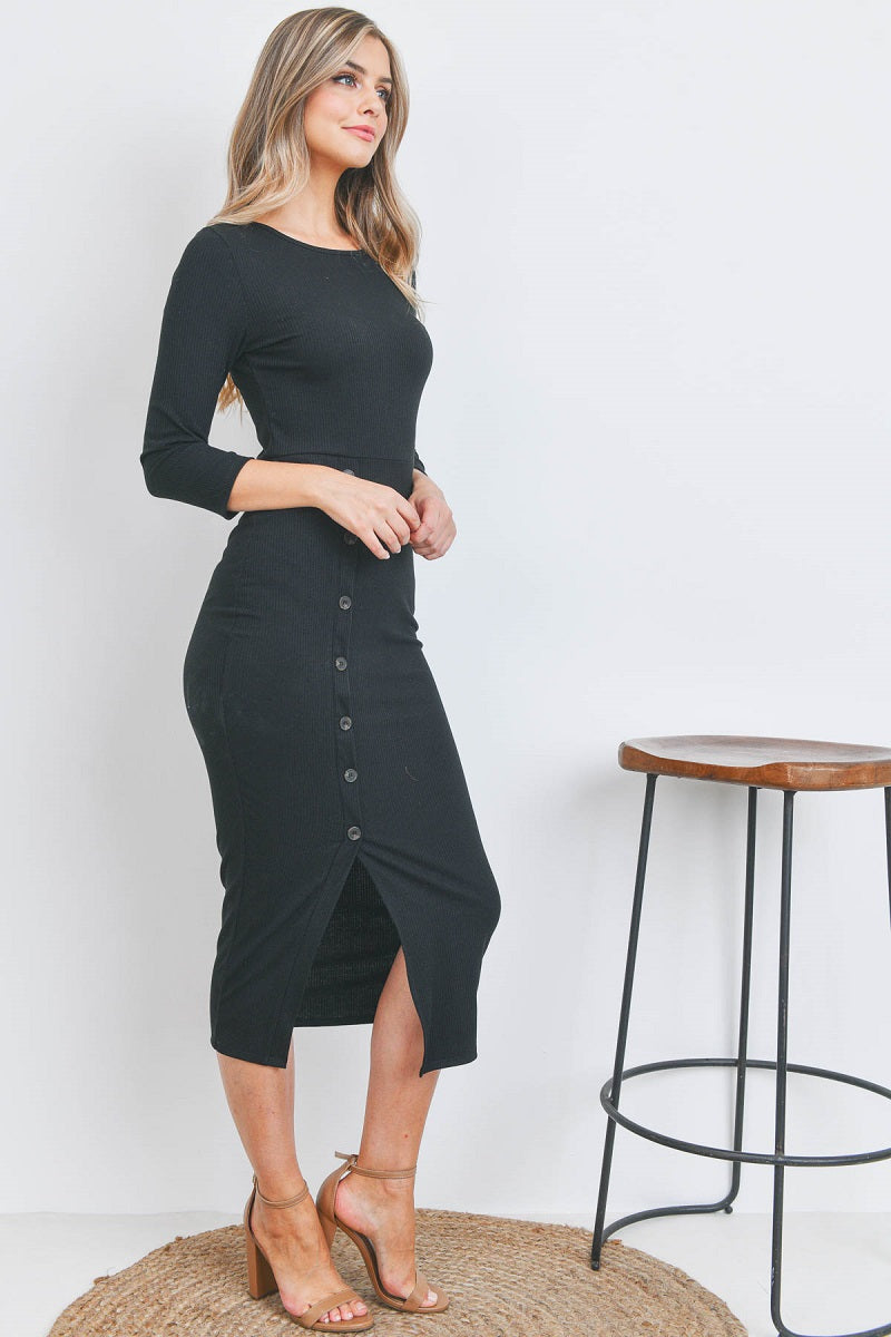 Round neck button front rib midi dress bodycon black