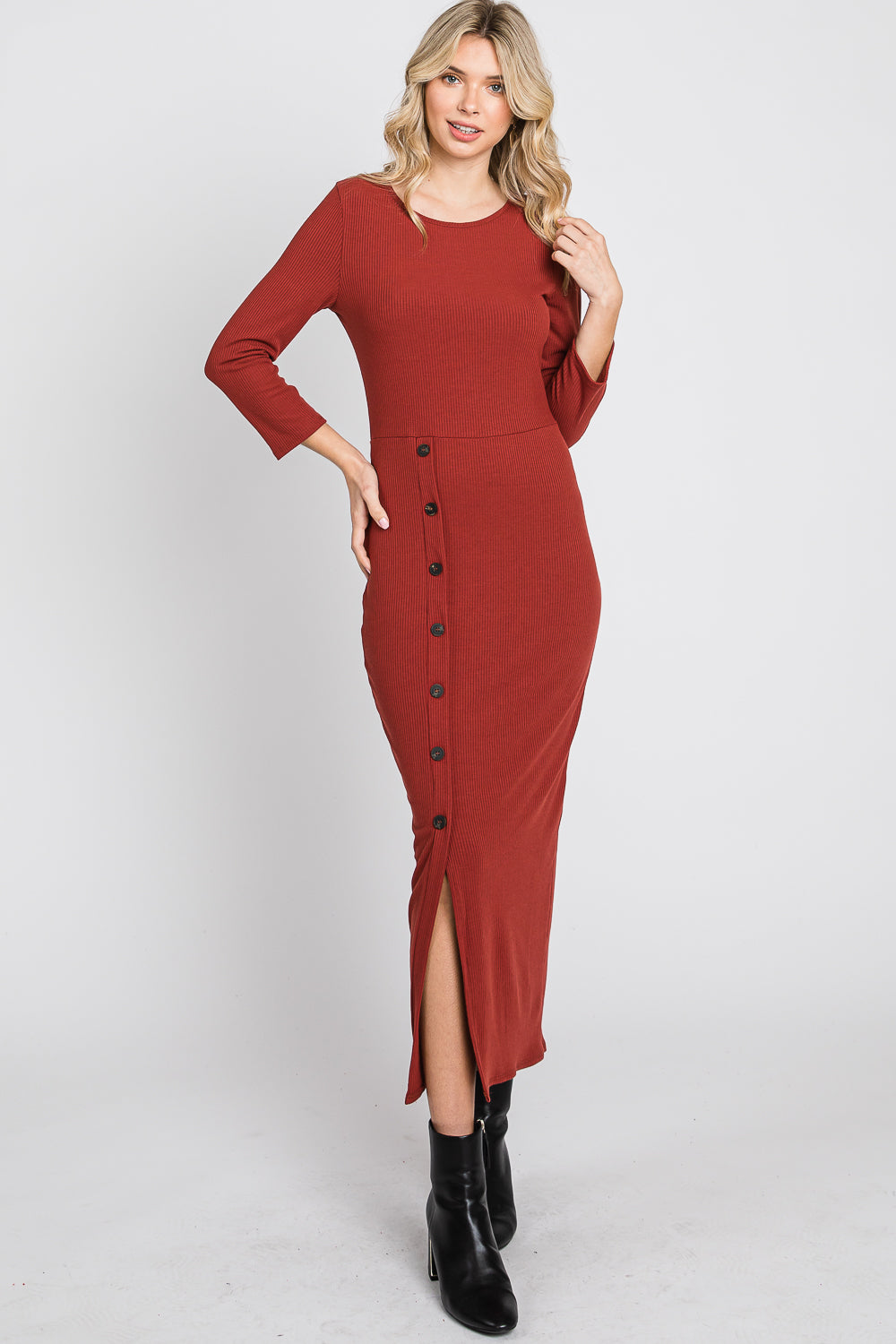 Round neck button front rib midi dress bodycon rust