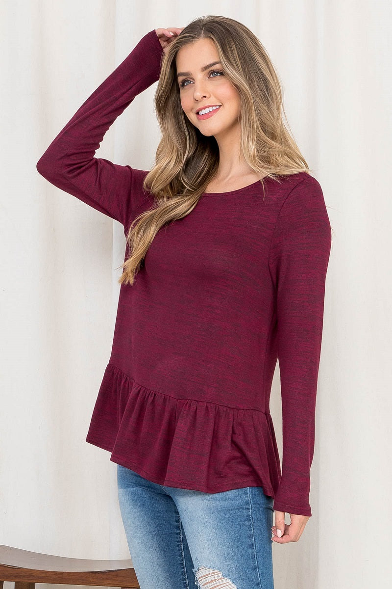 Long sleeve Hacci ruffle burgundy top