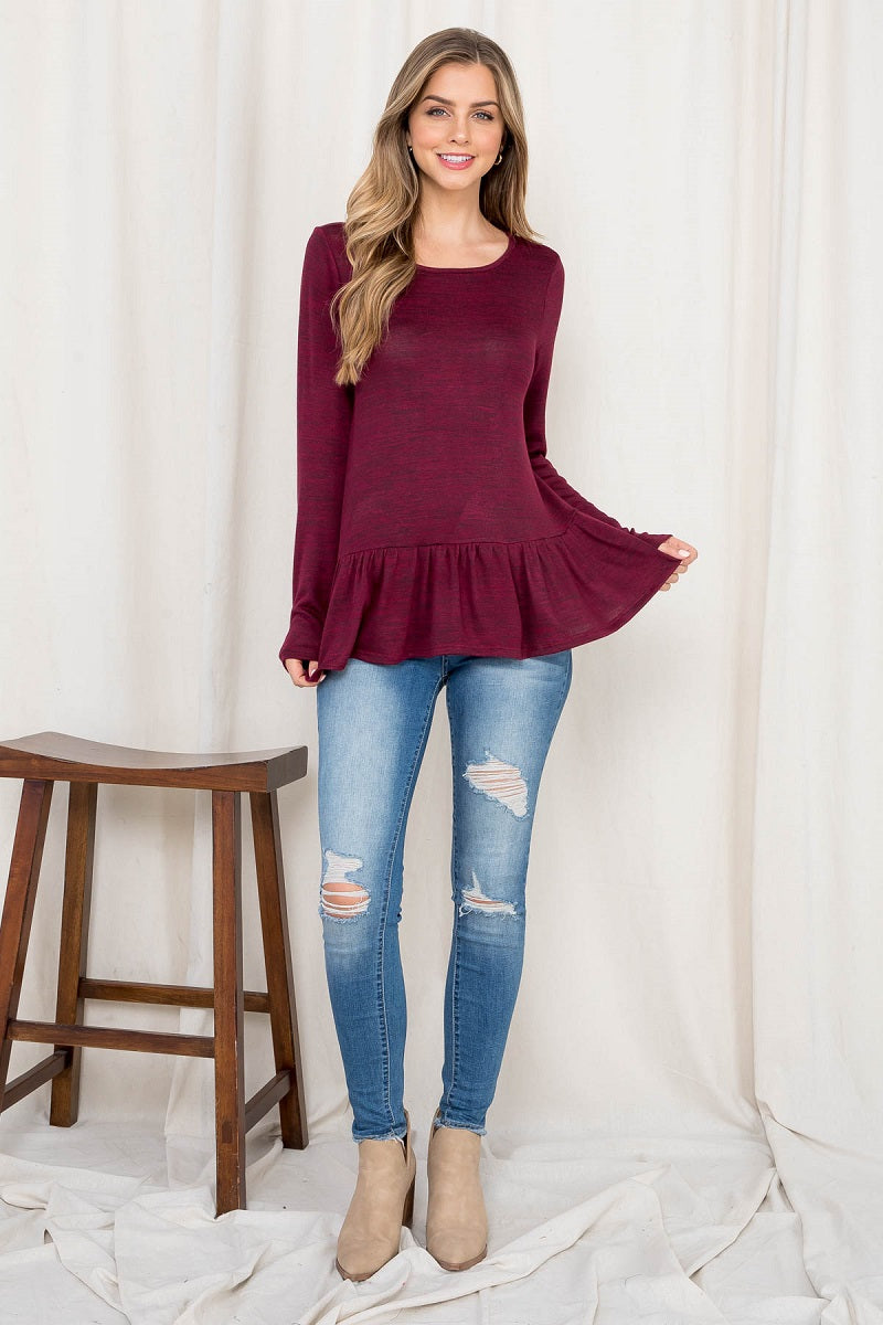 Long sleeve Hacci ruffle burgundy top