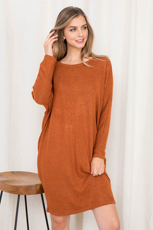 Long sleeve dolman button back rust dress