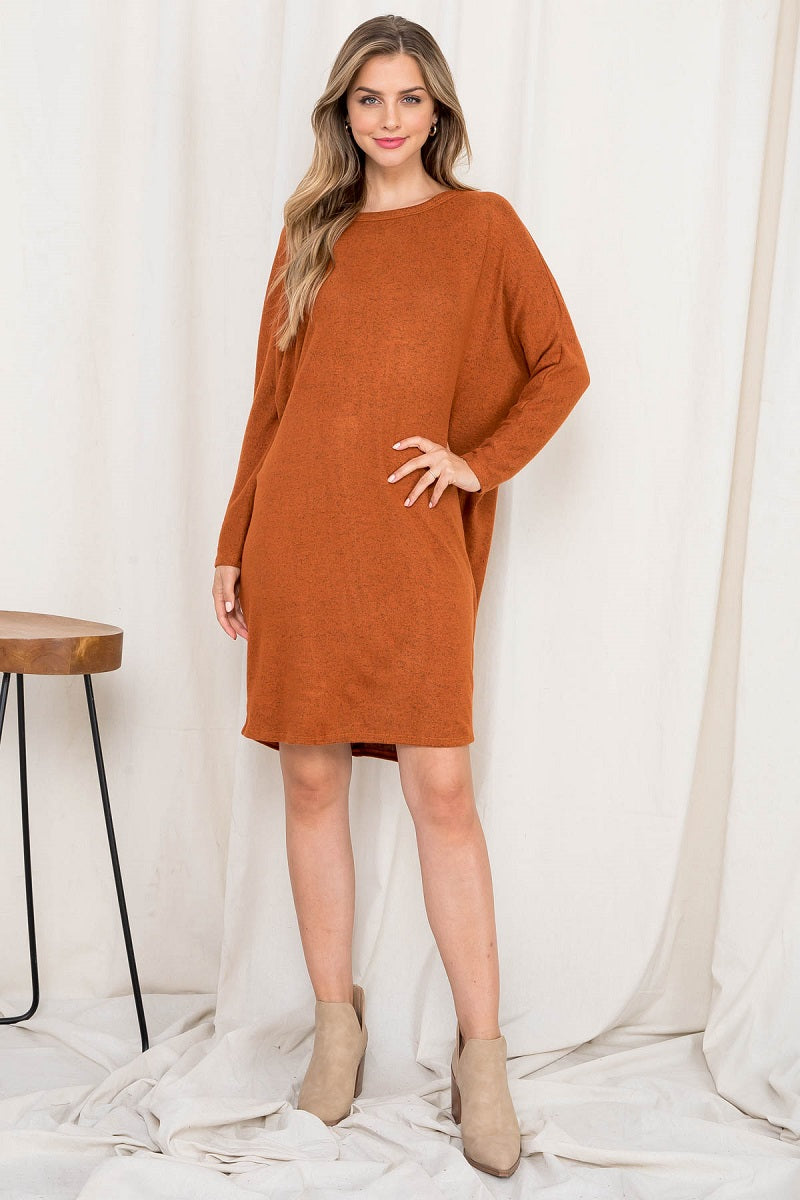 Long sleeve dolman button back rust dress