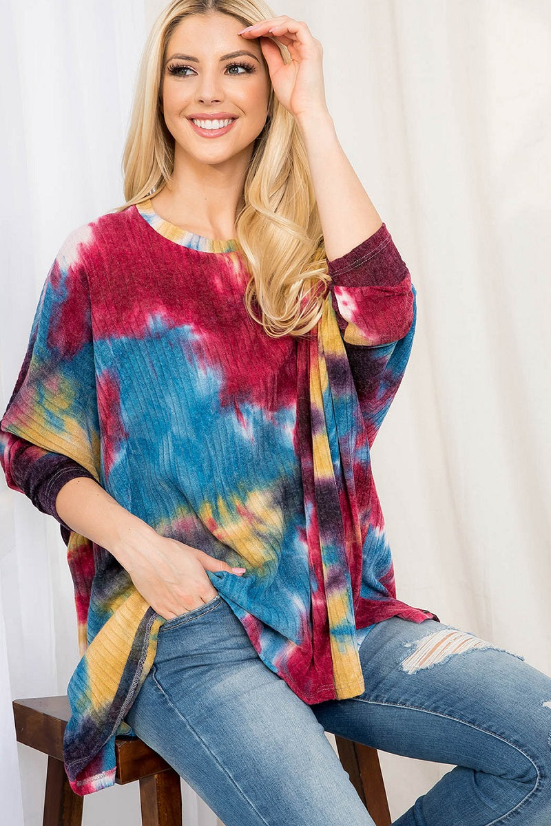 Long sleeve tie dye rib dolman burgundy top