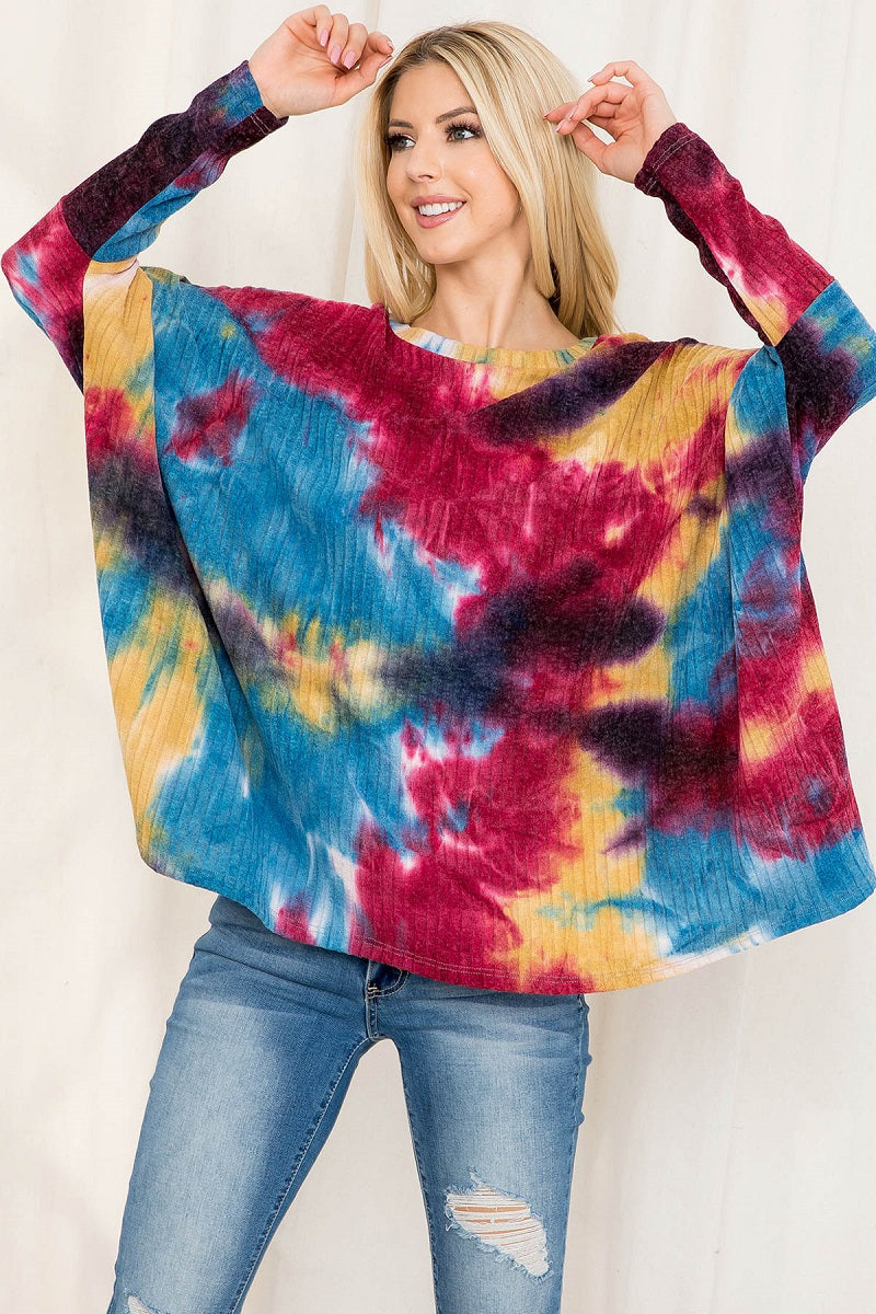 Long sleeve tie dye rib dolman burgundy top