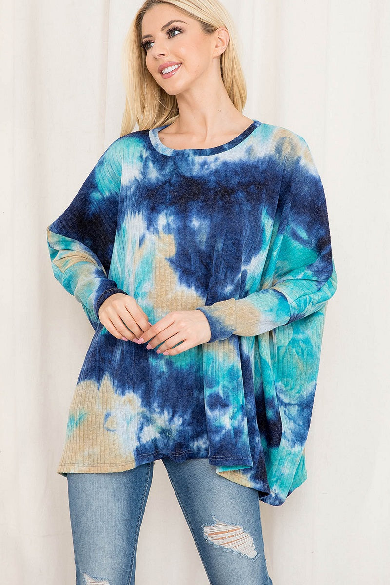 Long sleeve tie dye rib dolman teal top