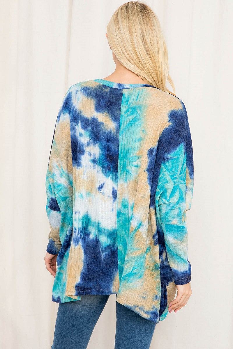 Long sleeve tie dye rib dolman teal top