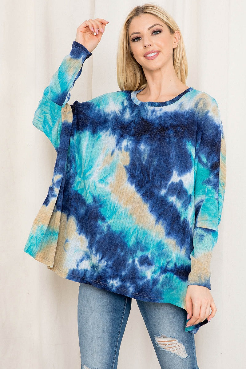 Long sleeve tie dye rib dolman teal top