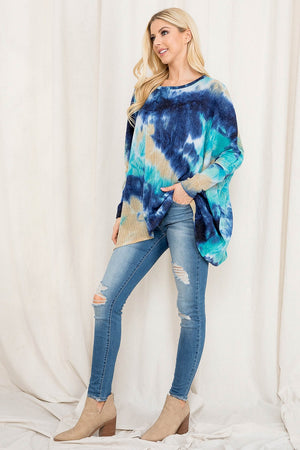 Long sleeve tie dye rib dolman teal top