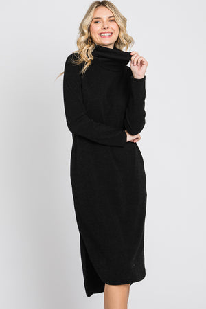 Long sleeve cowl neck pocket black dress