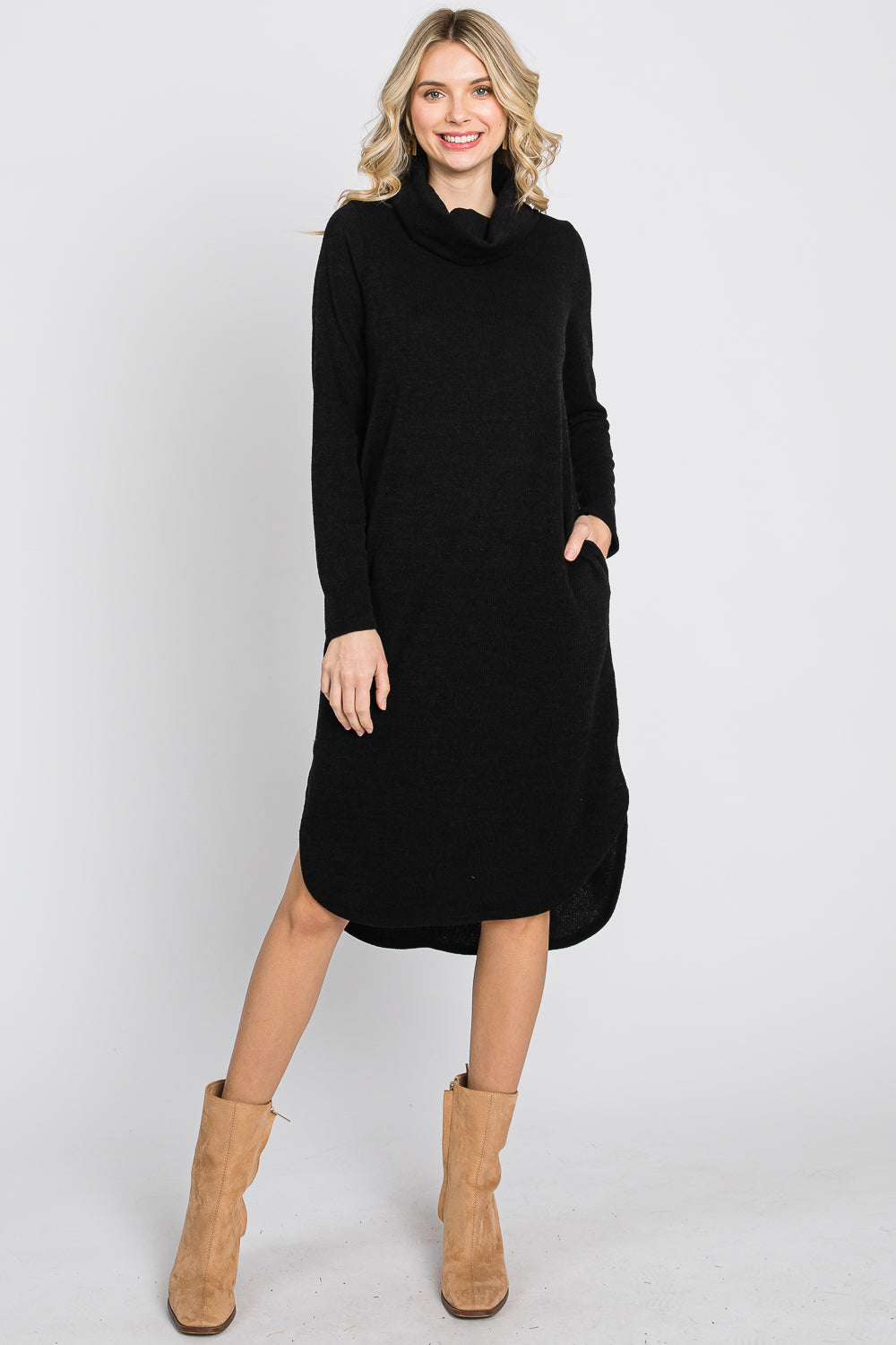 Long sleeve cowl neck pocket black dress