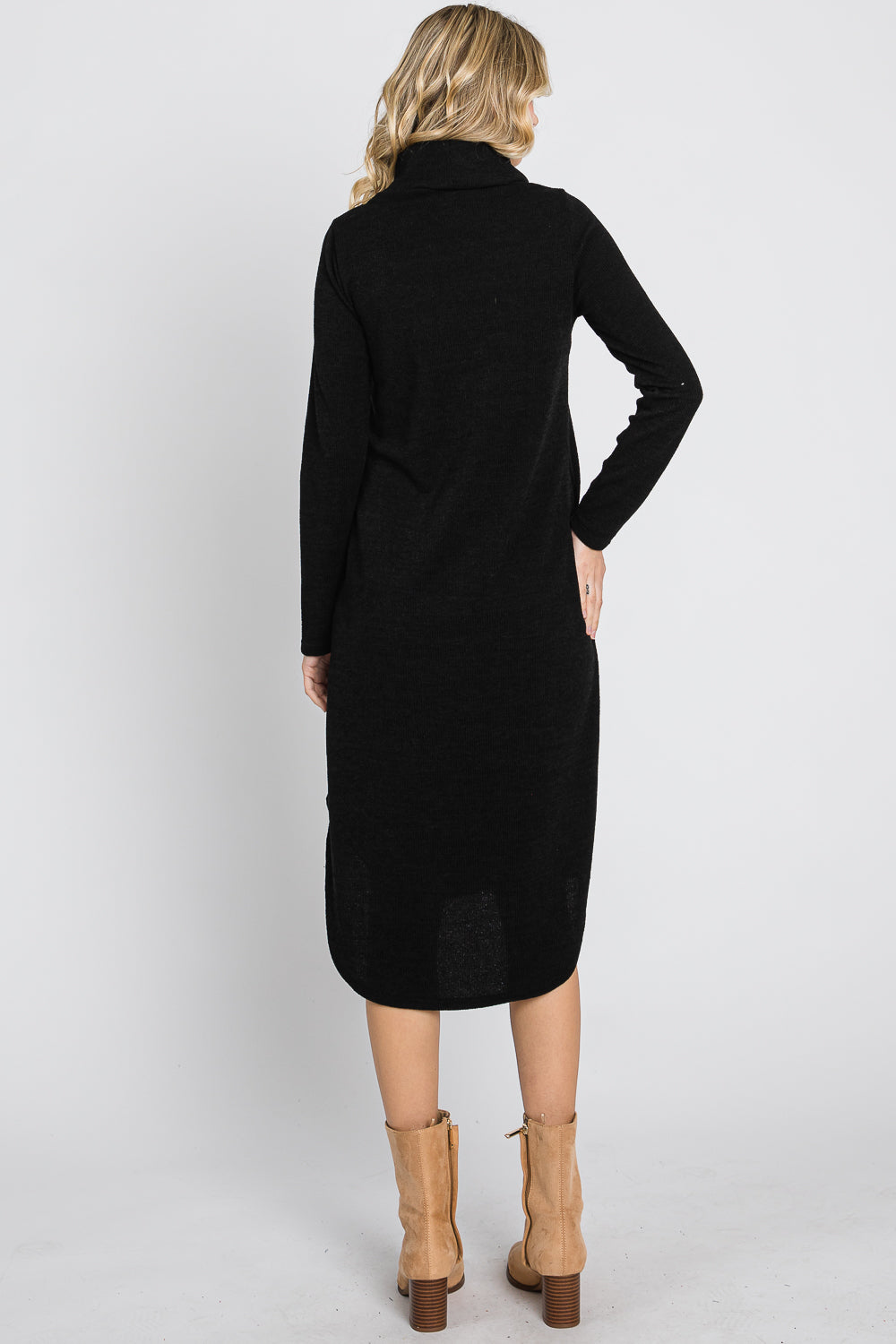 Long sleeve cowl neck pocket black dress