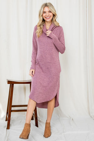 Long sleeve cowl neck pocket mauve dress