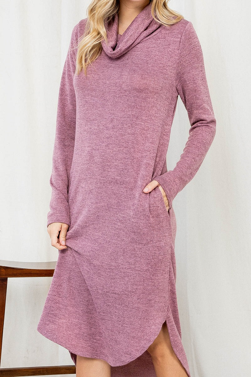 Long sleeve cowl neck pocket mauve dress