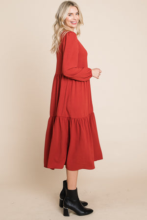 Long sleeve 3 tier long rust dress