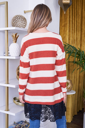 Long sleeve stripe lace tunic rust top