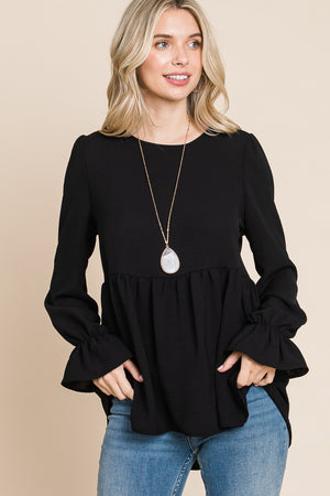 Round neck flounce sleeve black blouse