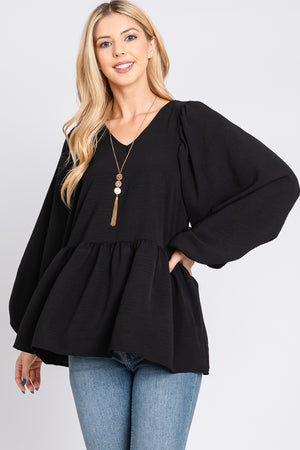 Bubble long sleeve v neck black blouse