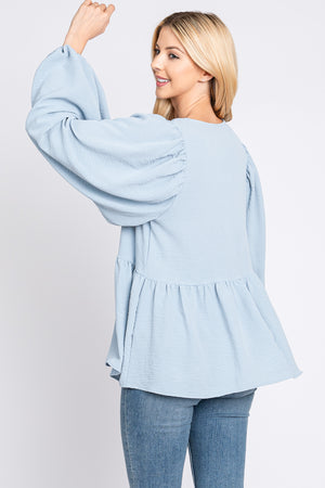 Bubble long sleeve v neck blue blouse