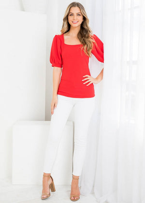 Square neck puff sleeve coral top