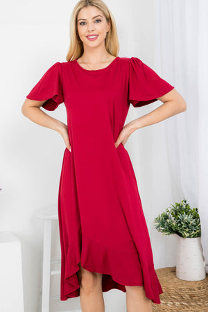 Flutter sleeve round neck high low hem dress in red color