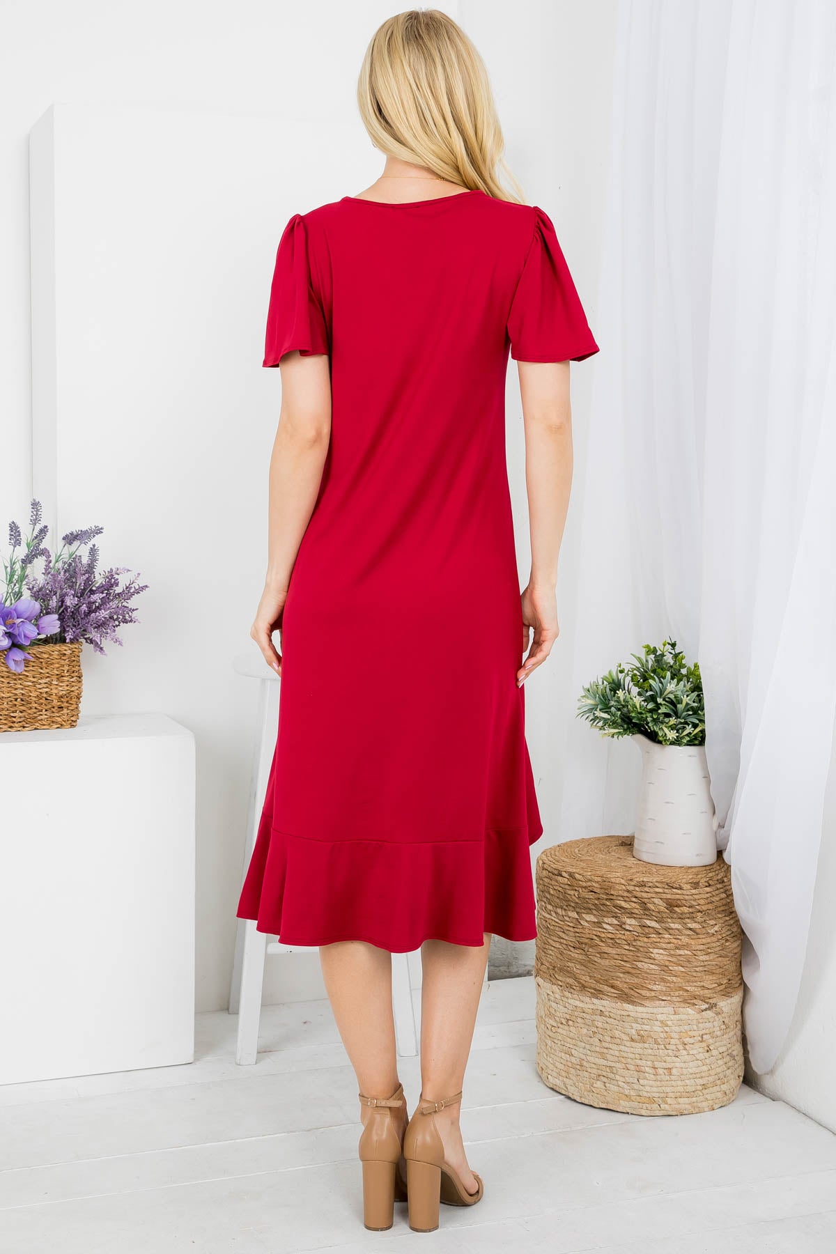 Flutter sleeve round neck high low hem dress in red color