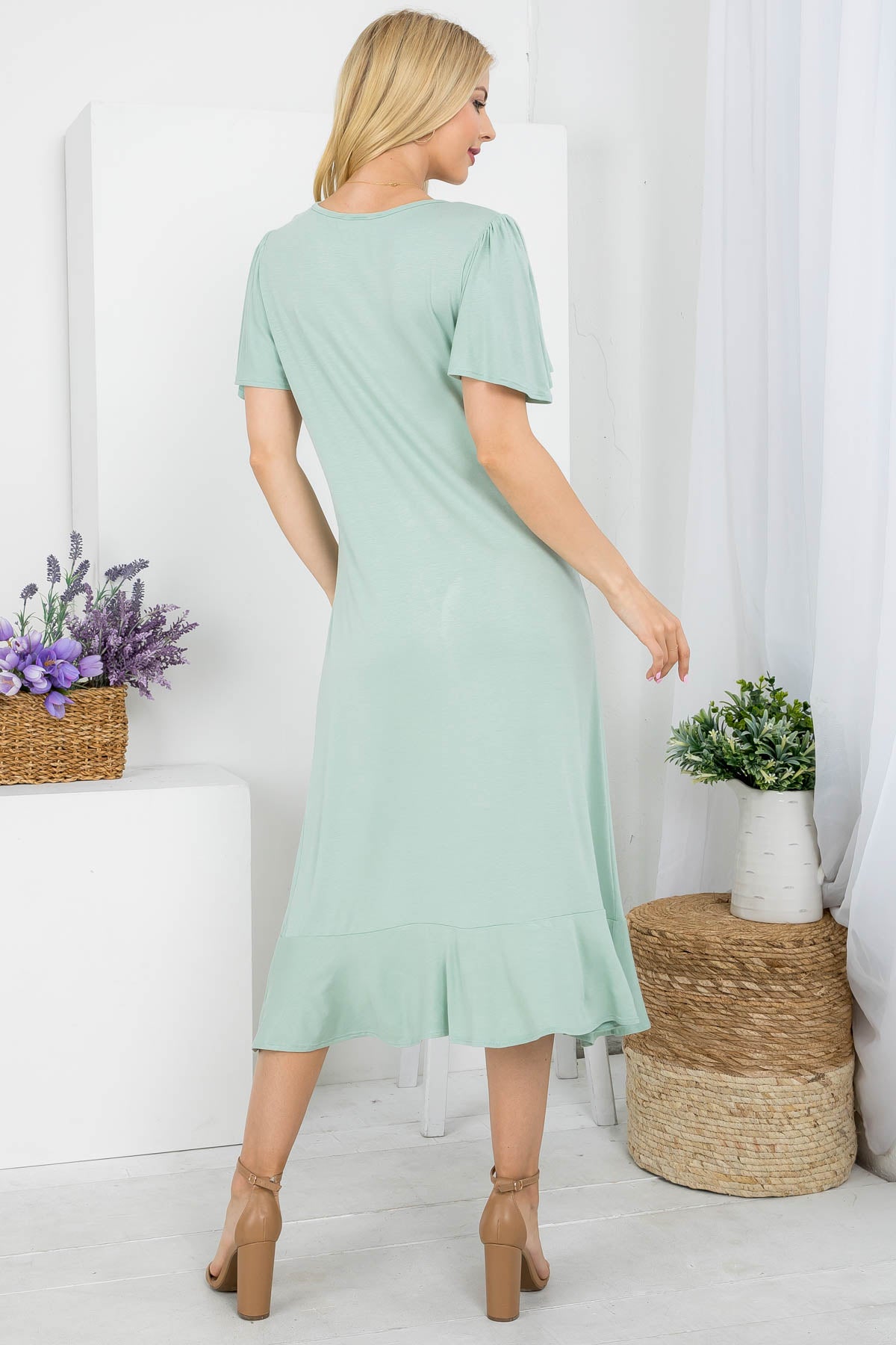 Flutter sleeve round neck ruffle high low hem dress in sage color