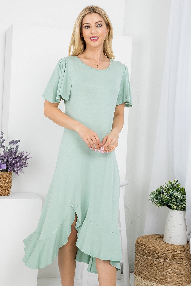 Flutter sleeve round neck ruffle high low hem dress in sage color