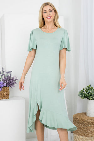 Flutter sleeve round neck ruffle high low hem dress in sage color