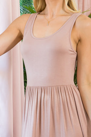 Sleeveless tier tank dress in taupe color