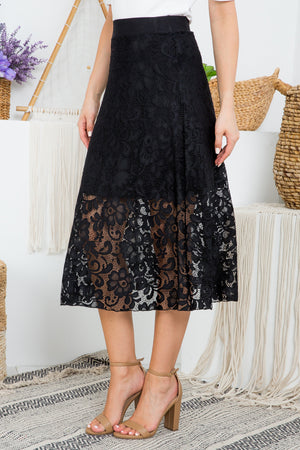 Lace lined elastic waist over the knee a line skirt black