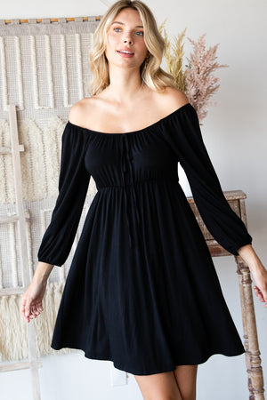 3/4 Sleeve elastic neck tie front empire black dress