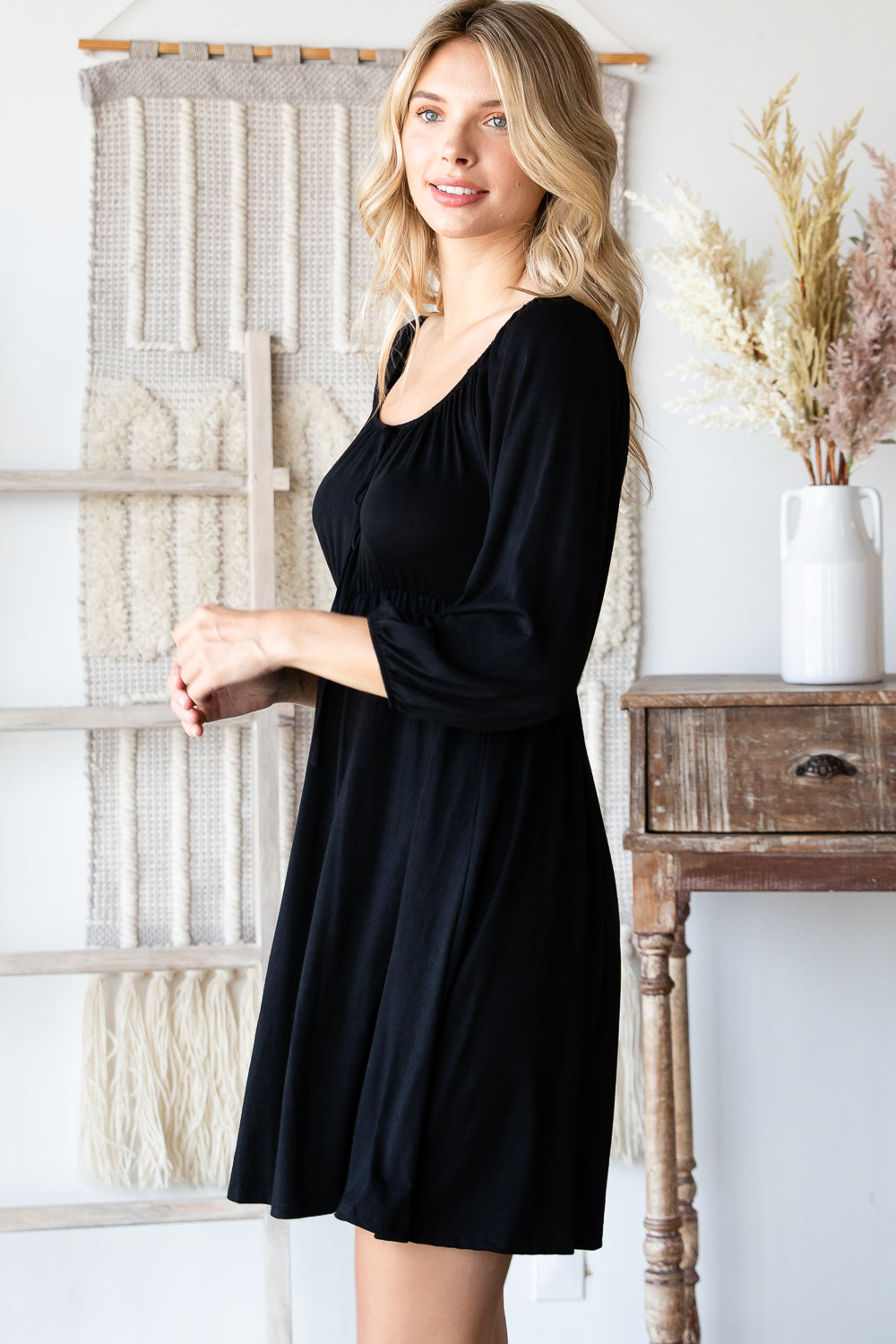 3/4 Sleeve elastic neck tie front empire black dress