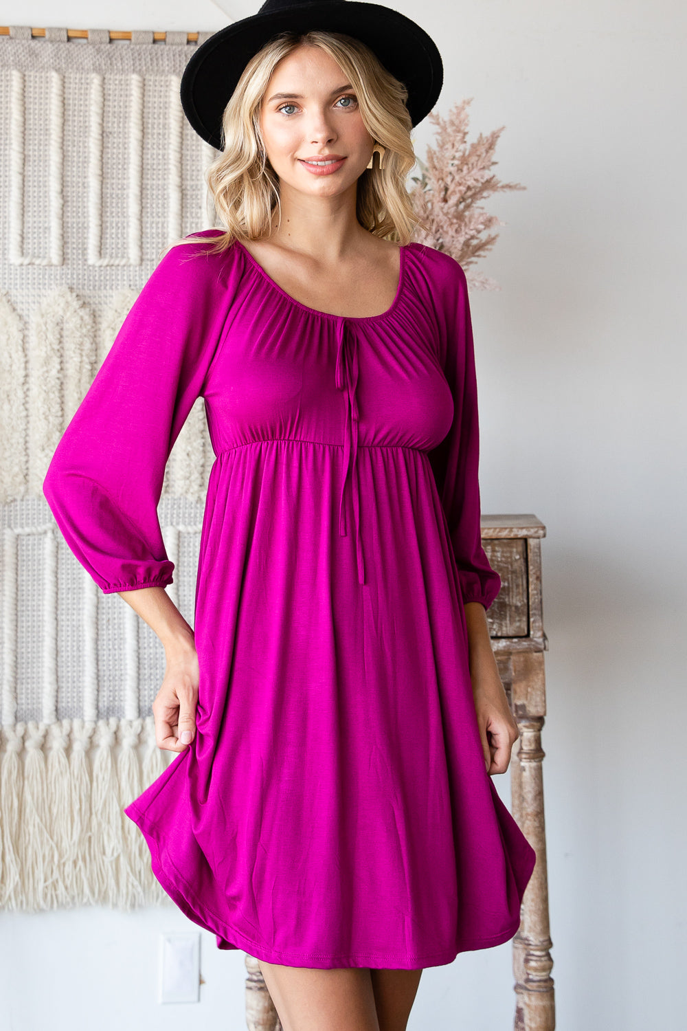 3/4 Sleeve elastic neck tie front empire magenta dress