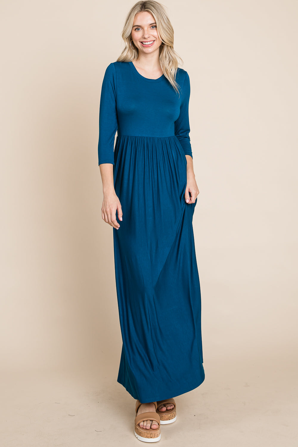 Scoop neck elastic waist maxi teal dress