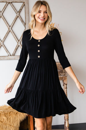 Round neck button front tiered black dress